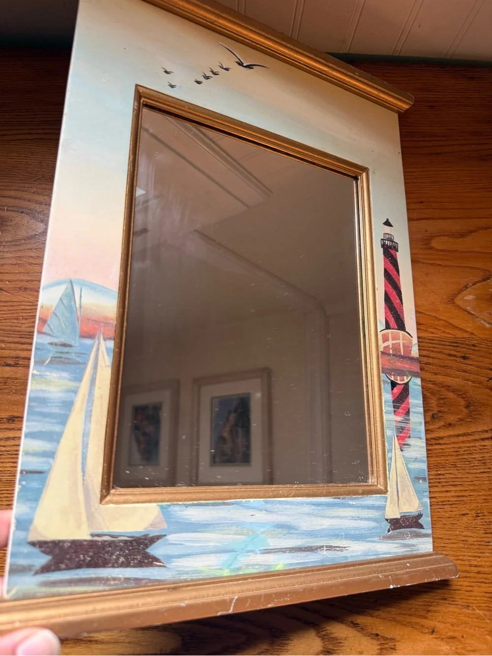 Vintage Coastal Lighthouse Hand-Painted Nautical Wall Mirror